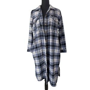 Plaid Flannel Long Shacket Shirt Dress Jacket Womens M L Blue Grunge Cozy Layers